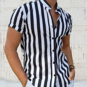 メンズカジュアルシャツ夏のストライプシャツスタイリッシュな半袖スタンドカラーメンカーディガンアウトドアカジュアルシャツケムズホム230506