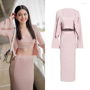 Work Dresses Knitted 3 Piece Set Women Bustier Top Cropped Cardigan Sweater Elastic High Waist Midi Skirt Sets Female Two Outfits