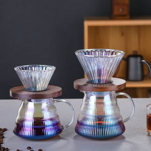 Kaffefilter Häll över Set V02 Dripper 600ML Server V60 Filter Glass Tratt Drip Maker Brewing Cup Trähållare Bar återanvändbara verktyg 230505