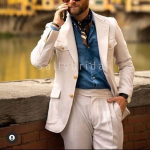 Men's Suits Blazers Ivory Men's Luxury Suit Notched Lapel Blazer Trousers Coat Wearing Linen Summer Wear Tailored Safari Jacket 2pieces Coat Pants 230506