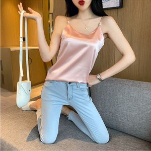 Camisoles Tanks Ladies Fairy Strappy Camisole Shirts Summer Sexy pearl Camis Tank Women bohemian beach Silk Satin Tops Vest White Pink 230506