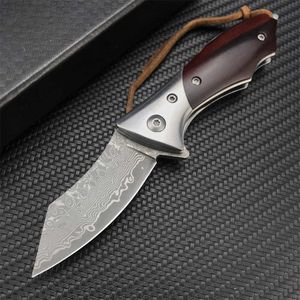 Camping Hunting Knives Damascus Steel Mini Pocket Folding Knife Wood Handle High Quality Tactical Knives Outdoor Camping Hunting Tool Collection Gifts P230506