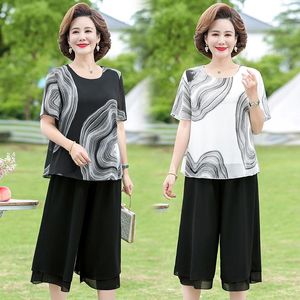 Women's Two Piece Pants Womens Chiffon Suit Summer Korean Version Loose Print Tops Wide Leg Sets Black White Plus Size Clothing 5XL