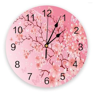 Wall Clocks Pink Cherry Blossom Flowers Butterfly Clock Decorative For Living Room Kitchen Bedroom Home Office Silent