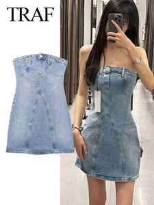 Casual Dresses TRAF Woman Denim Off Shoulder Short Dresses Women Ruched Mini Bodycon Dress Women Summer Sexy Party Dresses Female Corset Dress Z0506