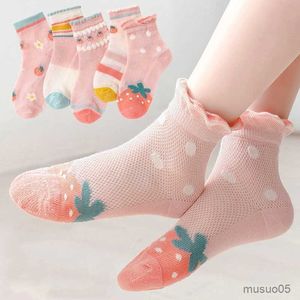3pcs Children Cotton Pink Strawberry Baby Girls Cute Cartoon Breathable Mesh Socks For 1-14Y Teens Summer Fashion
