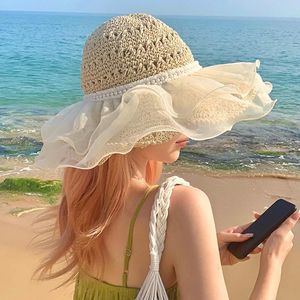 Chapéus largos Brim Women Bowler Straw Hat Hat elegante Lace Patchwork Protection Protection Visor Caps para praia Casual à beira -mar ao ar livre