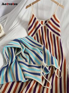 カジュアルドレスaotvotee striped dress for women 2023新しいファッションヴィンテージ編みスパゲッティストラップサマードレスエレガントvネックルーズビーチドレスZ0506