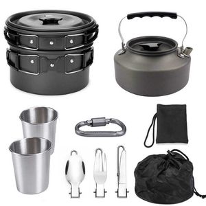Camp Kitchen 9 Piece Hiking Camping Portable Kitchenware Set 2-3 People Camp Cookware Essential Outdoor Pot Pan Cups Picnic Cooking Equipment P230506