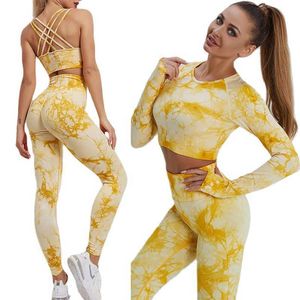 Women's Tracksuits Women's Yoga Set Tracksuit Female Clothing Sexy New Tie-dye Sportswear High Waist Athletic Leggings Workout Bra Tight Suits P230506