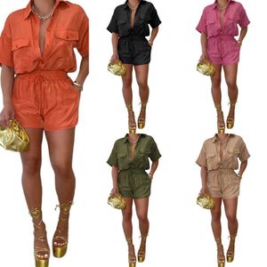 Mulheres Shorts Trenos de Fashion Button Button Camisa de bolso Bandagem Set para Summer 2023