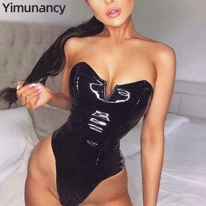 Women's Jumpsuits Rompers Yimunancy PU Leather Sexy Bodysuit Women Strapless V Shape Bodycon Bodysuit Ladies Skinny Black Bodysuit Clubwear 230505