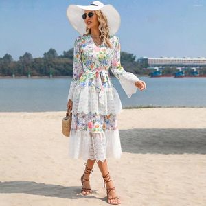 Casual Dresses WildPinky Holiday Floral Print A Line Layer Long Beach Dress Women Spring Summer Lace Spliced Sleeve High Waist Chic