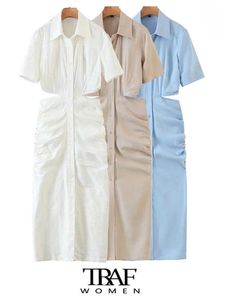 Casual Dresses TRAF Women Fashion Hollow Out Draped Midi Shirt Dress Vintage Backless Buttonup Female Dresses Vestidos Mujer Z0506