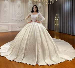 Hochwertiges Satin-Hochzeitskleid mit langen Ärmeln Scoop Luxury Crystal Beaded Saudi Arabian Dubai Brautkleider Vestidos De Noiva