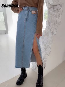 Kjolar seoulish sommar kvinnors långa denim kjol vintage hög wasit jeans kjol kvinnlig rak sida split a-line blyerts kjolar 230505