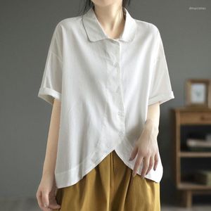 Women's Blouses Simplicity Basic Solid Color Button Casual Shirt Women's Clothing Summer Loose All-match Polo-Neck Asymmetrical Blouse