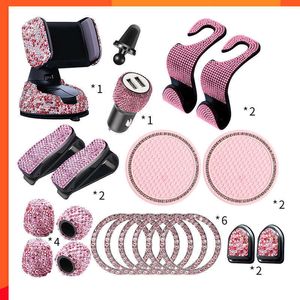 20st/set Rhinestone Phone Holder Universal Auto Interior Hooks Sticker Pad Set Pink Bling Car Accessories for Women