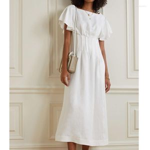 Casual Dresses Women Linen White Midi Dress 2023 Pure Temperament 3D Cut Waist Wrapped Flying Sleeve