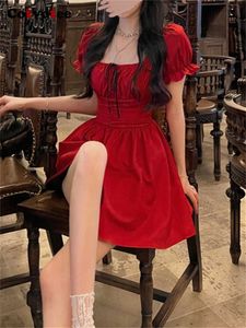 Casual Dresses Cotvotee Red Mini Dress for Women New French Style Short Sleeeve Folds A Line Party Dresses Elegant Square Collar Summer Dress Z0506