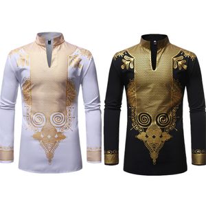 Ethnic Clothing Men Print African Print Dresses Rich Bazin Dashiki Long Sleeve T-shirt Traditional Fashion Style Adult Blouse Clothing 230505