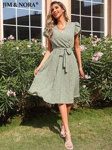 캐주얼 드레스 Jim Nora Summer Clasual Floral Dress Vneck for Women Elegant Short Sleeves Pleated Hem Casual Midi Aline Belt Sundresses Z0506