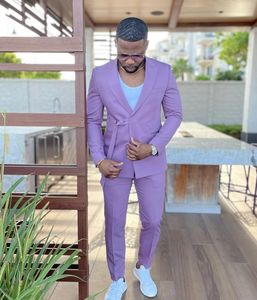 Męskie garnitury Blazers Streetwear Light Purple Slim Fit Men Suits z paskiem 2 sztuki PROM WEDNIC PROM TERNO MASCULINO CUSTOME HOMME TUXEDO Blazer 230506