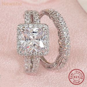 Alyanslar SHE 2 PCS Vintage Set Katı 925 STERLING Gümüş 4ct Prenses Kesme AAAAA CZ Nişan Yüzüğü Kadınlar Gelin 230506