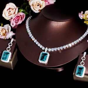 Pendant Necklaces CWWZircons Sparkling 5A Round Cubic Zirconia Big Tennis Chain Necklace Earrings Wedding Jewelry Sets for Party Wear T662 230506