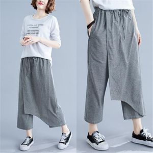 CAPRIS Women Plaid Pants 독특한 디자인 불규칙한 올무 여름 린넨 헐렁한 느슨한 탄성 허리 드로 스트링 캐주얼 바지