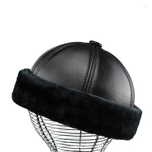 Basker 2023 Toppkvalitet första lager Sheepskin Cow Leather Brimless Cap Balaclava Skull Gorros Docker Winter Melon Fur Hat 55-61cm