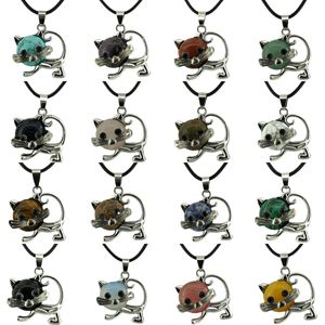 Modischer Edelstahl-Katzenanhänger mit mehreren heilenden natürlichen Kristall-Edelstein-Anhänger-Halsketten mit schwarzer Seilkette