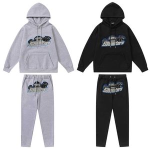 Tasarımcı Giyim Erkek Sweatshirt Hoodie Amerikan Trendy Marka Trapstar Mavi Gri Kaplan Havlu İşlemeli Kapşonlu Peluş Kazak Pantolon Erkek Kadın Gevşek Set