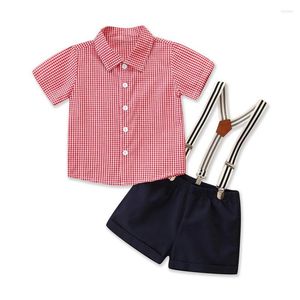 Clothing Sets Toddler Kids Clothes Littler Boy Outfit Summer Red White Plaid Shirt Navy Shorts Belt Fashion Infant Children Kit Suit