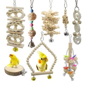 Leksaker 8st papegoja leksaksuppsättning loggfärgfågelförsörjningsredskap Stand Rod Swing Bird Cage Accessories Bird Toys