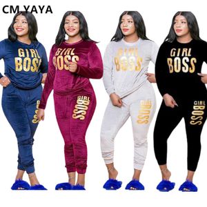 Kvinnors spårningsdräkter CM.yaya plus storlek XL-5XL Letter Print Velvet Women's Set Sweatshirt Top Jogger Pants Suit Tracksuit Two Piece Set Fitness Outfit P230506