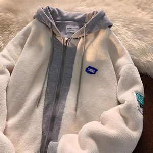 Women's Hoodies 2023 Winter Lamb Wool Hooded Sweatshirt Women Casual Thick Warm Loose Padded Jackets Coat Hip-hop Zip Up Patchwork Man