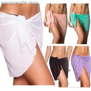 Saias Mulheres de biquíni de praia encobrimento de cor sólida pareo chiffon skrap saia sarongue lenço de praia roupas de banho de praia de roupas de banho T230506