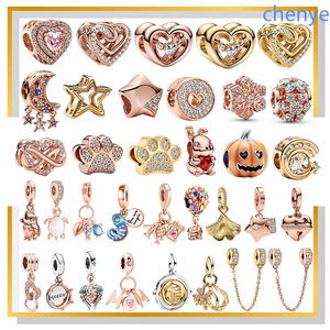 925 Silver Fit Pandora Charm Rose Gold Bead Pumpkin Stars Paw Print Heart Shaped Bead Dangle Fashion Charms Set Pendant Diy Fine Pärlor smycken