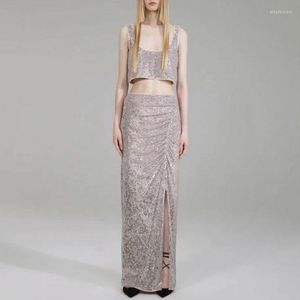 Casual Dresses Women's High Quality Sexig paljett Set Fashion Short Tank Top Slim Midi kjol