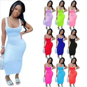 2023 Designer Sexy Dresses Summer Women Sleeveless Bodycon Dress Casual Solid Sheath Long Sundress Y2K Streetwear Bulk Items Wholesale Clothes 9832