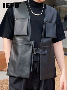 Men's Vests IEFB Loose Fit Black Pocket Pu Leather men waistcoat Casual Vest V collar Sleeveless Fashion Spring Autumn 2023 1D 045 230506