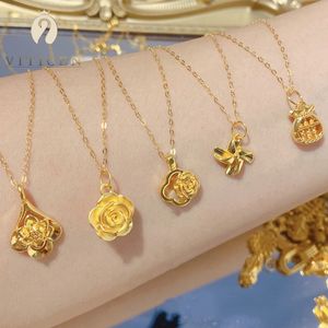 Collane con ciondolo Genuine 999 Pure Gold Rose Squisiti gioielli per moglie e fidanzata Regalo 24k Four leaf Clover Collana da donna 230506