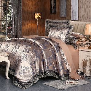 Sängkläder sätter 4 stycken silverbrun lyxiga satin bomullsspetsar sängkläder set dubbel drottning king size sängkläder täcke täcke lakan set kuddar 230506