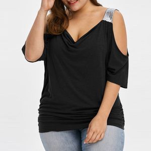 Kvinnors plus size tshirt sexig kall axel 5xl v hals kort hylsa t -shirt lös offshoulder bling tshirt casual tops 2 230506