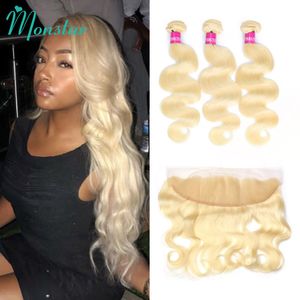 Haarteile Monstar Remy Blonde Farbe Körperwelle 2 3 4 Bündel mit 13 x 4 Ohr-zu-Spitze-Frontalverschluss Brasilianische Menschen 613 230505