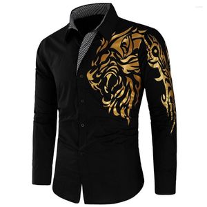 Men's Casual Shirts Homme Black Men Lion Gold Social Fit Shirt Luxury Long Chemise Sleeve Slim Prom Club Camisa Masculina