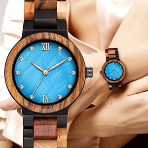 Relógios de pulso exclusivo safira azul, rosto de madeira relógios de madeira feitos de banda completa, relógio feminino feminino Relógio