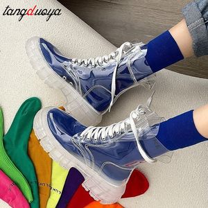 Rain Boots Fashion Women Mature Ladies Laceup Waterproof Shoes Transparent Candy Color Soles Outdoor Girl 230505