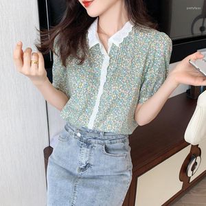 Kvinnors blusar Ggright Blusas Camisas Mujer Lapel Green Chiffon Shirt Women Chemise Femme Vintage Print Shirts 2023 Summer Lady Tops